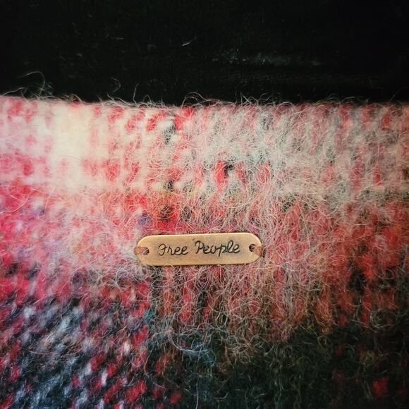 Free People Size EST S Red Wool Jacket Plaid Military Black Velvet Trim - Picture 14 of 15